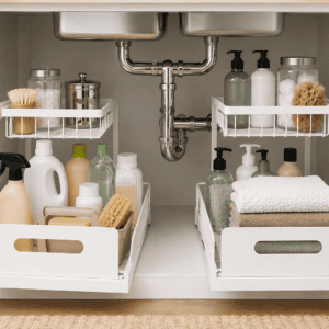 Under Sink Organizer, L-Shaped 2 Tier Pull Out Cabinet Organizer | Slide Out Under Cabinet Storage, For Kitchen and Bathroom, Metal Under Sink Storage with Sliding Drawer, 50 lbs, White 2 Pack